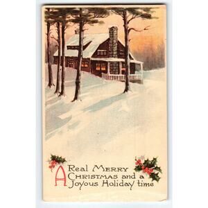 Vintage Christmas Cabin Snow Scene Holiday Postcard Fairman Co. 6600